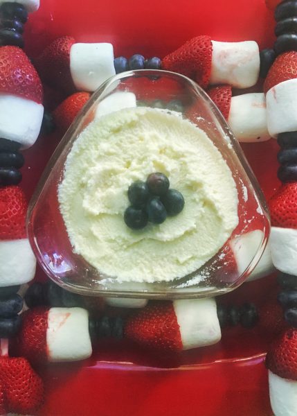 Strawberries, blueberries and marshmallow for the skewers. Ricotta, powdered sugar and a splash of vanilla extract for the dip. 