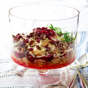 Raw Beet, Apple and Carrot Layered slaw with Cheddar Bacon and Pecans