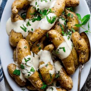 Za’atar Roasted Fingerling Potatoes with Yogurt Tahini Sauce