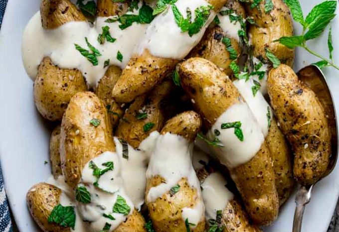 Za’atar Roasted Fingerling Potatoes with Yogurt Tahini Sauce
