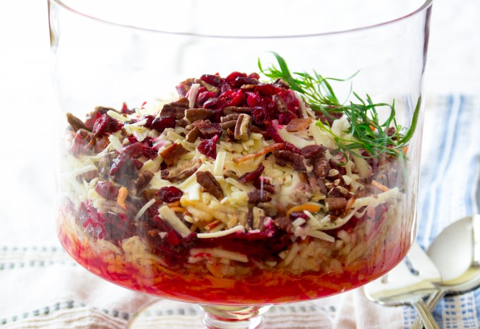 Raw Beet, Apple and Carrot Layered slaw with Cheddar Bacon and Pecans